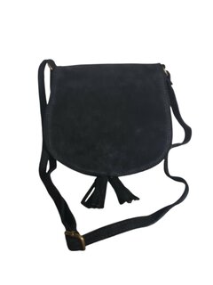 Made in Italy-Boho-tasje-Suède-Echt leer-Klep-Fringe-22cmx19cmx4cm-Zwart