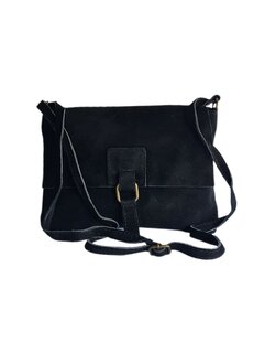 Made in Italy-Crossbody-Schouder tas-Suède-Leer-klep-Zwart-25cmx17cmx1cm