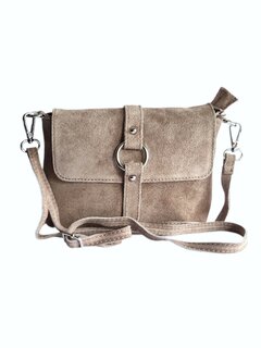 Made in Italy-Schouder tas-Crossbody- Tas-Suède-Leer-klep-Ring-Taupe-22cmx15cmx4,5cm