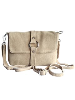 Made in Italy-Schouder tas-Crossbody- Tas-Suède-Leer-klep-Ring-Licht Taupe-22cmx15cmx4,5cm