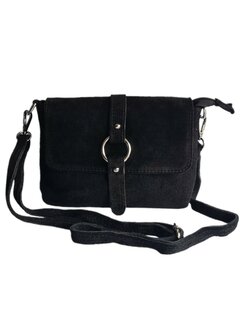 Made in Italy-Schouder tas-Crossbody- Tas-Suède-Leer-klep-Ring-Zwart-22cmx15cmx4,5cm