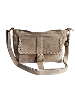 Made in Italy-Schouder tas-Crossbody- Tas-Suède-Leer-Voorvak-Gesp-Taupe-27cmx17cmx6cm