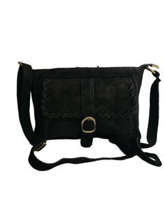 Made in Italy-Schouder tas-Crossbody- Tas-Suède-Leer-Voorvak-Gesp-Zwart-27cmx17cmx6cm