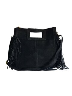 Made in Italy-Crossbody-Schouder tas-Handvat-Suède-Leer-Fringe-Zwart-27cmx25cmx5cm