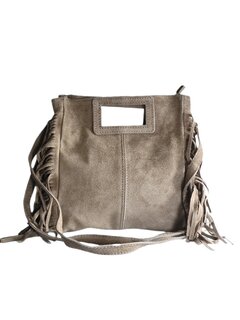 Made in Italy-Crossbody-Schouder tas-Handvat-Suède-Leer-Fringe-Taupe-27cmx25cmx5cm