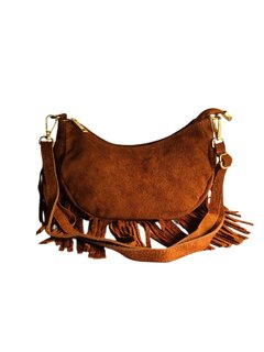 Made in Italy-Boho-tasje-Grof Suède-Echt leer-Fringe-25cmx12,5cmx6cm-Bruin