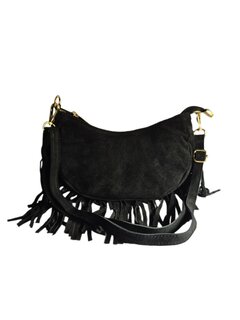 Made in Italy-Boho-tasje-Grof Suède-Echt leer-Fringe-25cmx12,5cmx6cm-Zwart