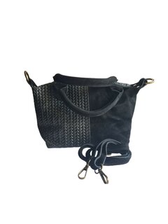 Made in Italy-Schoudertas-Handtas- Groot-Suède-Echt leer-Fringe-34cmx25cmx15cm-Zwart