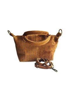 Made in Italy-Schoudertas-Handtas- Groot-Suède-Echt leer-Fringe-34cmx25cmx15cm-Cognac