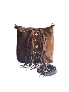 Made in Italy-Schoudertas-Handtas-Crossbody-Groot-Suède-Echt-leer-Fringe-34cmx25cmx15cm-Bruin