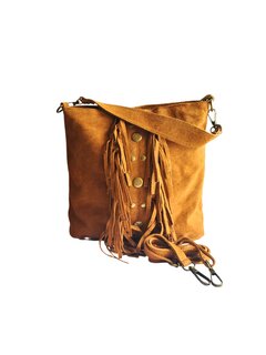 Made in Italy-Schoudertas-Handtas-Crossbody-Groot-Suède-Echt-leer-Fringe-34cmx25cmx15cm-Cognac