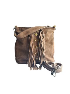 Made in Italy-Schoudertas-Handtas-Crossbody-Groot-Suède-Echt-leer-Fringe-34cmx25cmx15cm-Taupe