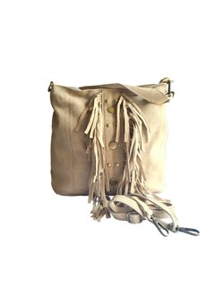Made in Italy-Schoudertas-Handtas-Crossbody-Groot-Suède-Echt-leer-Fringe-34cmx25cmx15cm-Beige
