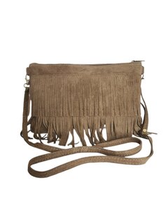 Made in Italy-Crossbody-Schouder tas-Suède-Leer-Fringe-Franje-Taupe-28cmx19cmx3cm