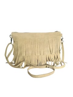 Made in Italy-Crossbody-Schouder tas-Suède-Leer-Fringe-Franje-Beige-28cmx19cmx3cm