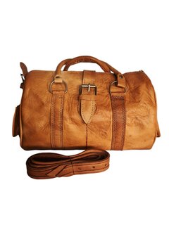 Schoudertas-crossbody-Echt leer-Handmade in Marokko-Vintage look-Bowlingbal model-30cmx18cmx15cm-Camel